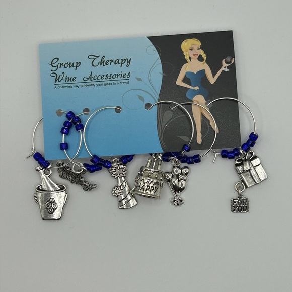 Other - NEW Silver Wine Glass Charms with Blue Beads - Birthday Theme